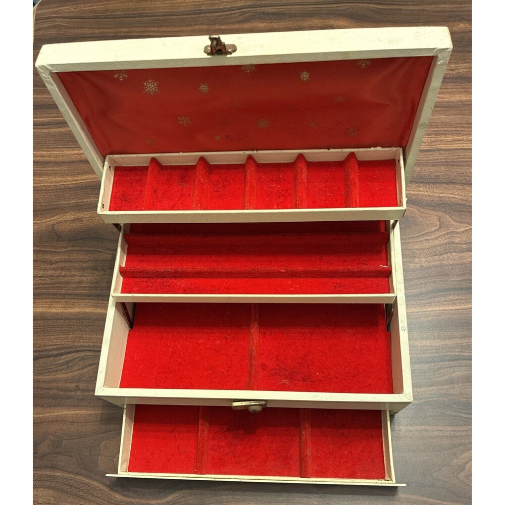 Vintage Lady Jewelry Box Mid Century Modern 4 Tier Red Velvet Ivory 70s No Key